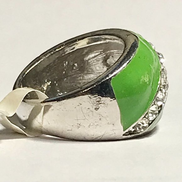 Vintage Green Enamel Cocktail Ring Silver Plated Crystal Rhinestone Size 7 Boho - Picture 7 of 12